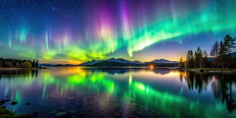 Wall Mural - Aurora borealis illuminating the night sky over a tranquil lake, northern lights, aurora, borealis, sky, stars, night, reflection