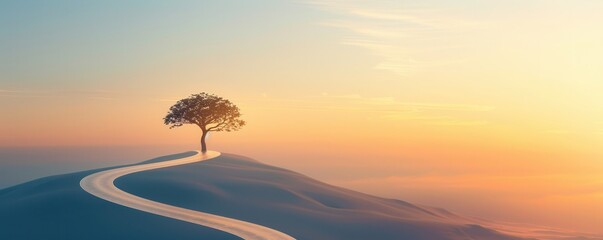 Sticker - Lonely Tree on a Winding Road at Sunset.