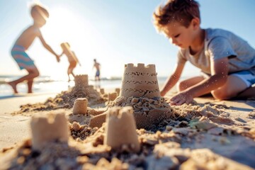 A person building a sandcastle with children or friends, with a focus on the playful and creative side of enjoying time on the beach