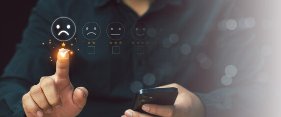 Customer Experience dissatisfied Concept. Bad review and service dislike poor quality, low rating, bad social media not good. man  Rate dissatisfaction with sad face icon with one star. 