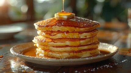 Canvas Print - Capture the fluffy perfection of a stack of buttermilk pancakes, featuring a drizzle of syrup and a pat of butter