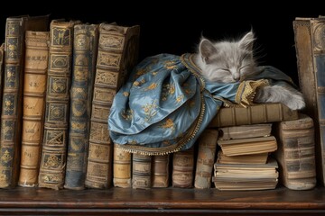 Sleeping Kitten Resting on Antique Books and Fabric