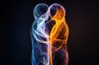 © busro - Two abstract humanoid figures in an intimate embrace, one in white and the other in muted purple, with glowing orange and yellow spots where they touch, set against a solid black background. The