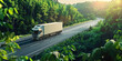 © annaspoka - sustainable delivery background, eco friendly logistics and shipping banner, white delivery truck on road surrounded by green nature, carbon neutral, net zero emission cargo transport