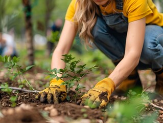 Wall Mural - Volunteer Planting Seedlings in Urban Park for Sustainability Initiative