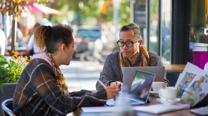 Creative professionals brainstorming over coffee at an outdoor café table with laptops and notepads.