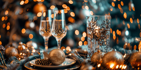 A festive New Year's Eve dinner table with golden decorations, champagne glasses, and plates, creating an atmosphere of celebration and joy. 