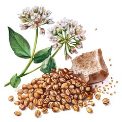 Poster - Hand-drawn Watercolor Illustration of Buckwheat Grains and Flower on White Background