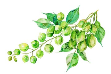 Canvas Print - Hand-drawn Watercolor Illustration of Fresh Chickpeas in Green Pods and Leaves on White Background