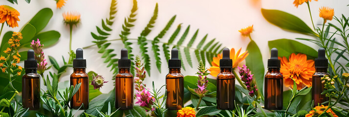 Sticker - Bottles with essential oils on a background of flowers and leaves. 