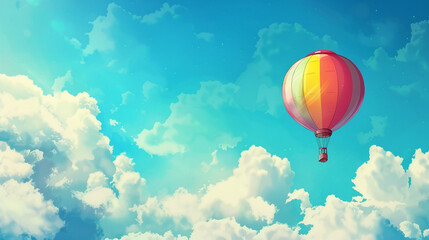 A colorful illustration of a hot air balloon floating in the sky