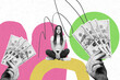 © deagreez - Creative collage poster young girl sit decide think hands body fragments banknotes money finance hundred dollars rich wealthy trader