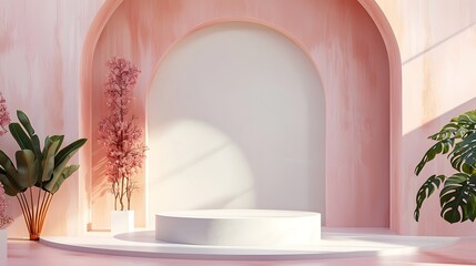 Wall Mural - Minimalist Pink And White Product Display Stand.