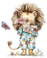 Sticker - PNG Cute lion reading book illustration