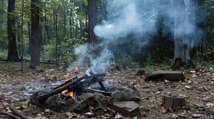 Wall Mural - The campfire smoke wafts through the forest, blending with the scent of pine and earth.