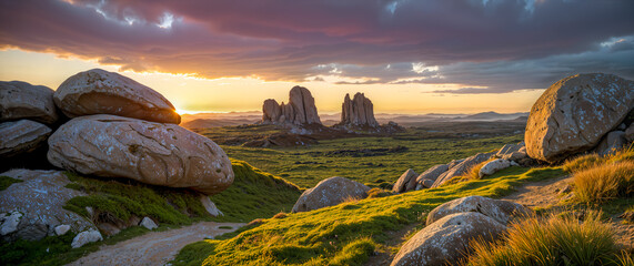 Wall Mural - Epic landscape with weathered boulders and trail at sunset. Natural background, nature landscape wallpaper, banner. Created using generative AI tools