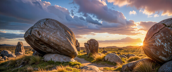 Wall Mural - Epic landscape with weathered boulders at sunset. Natural background, nature landscape wallpaper, banner. Created using generative AI tools