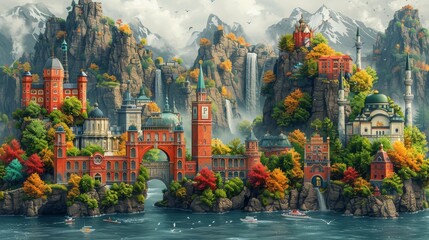 Wall Mural - Depict a variety of landmark symbols, including famous bridges, towers