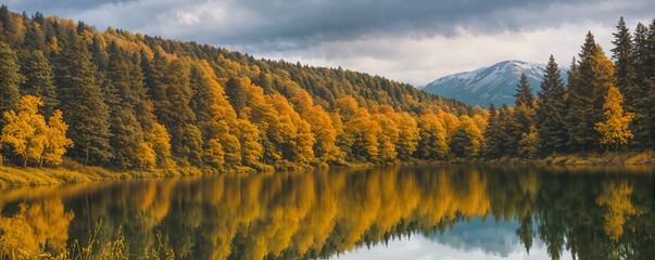 Wall Mural - Autumn landscape, banner, panorama - view of lake in the autumn forest. Natural background, nature landscape wallpaper. Created using generative AI tools