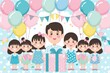 © Ai-Pixel - Happy father with four daughters celebrating with balloons and gifts. Perfect for Father's Day, birthday, or family occasions.