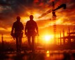 © Narongsak - Two men are walking on a construction site at sunset. The sky is orange and the sun is setting