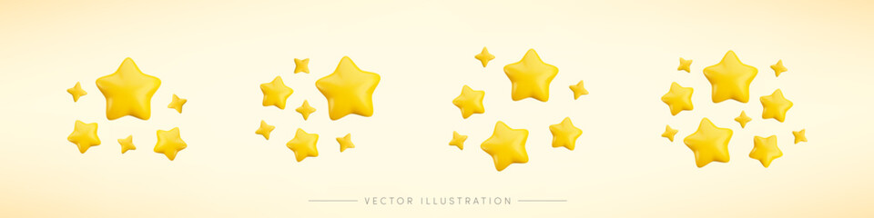 Wall Mural - Vector 3d gold sparkle star collection on yellow background. Cute realistic cartoon 3d render, sparkling yellow shining stars illustration set for magic decoration, web, game, app, design, nursery.