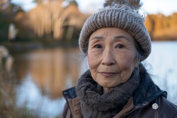 Wall Mural - Portrait of a satisfied asian woman in her 80s donning a warm wool beanie over serene lakeside view