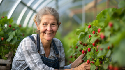 Close up portrait of happy mature middle aged elderly woman gardener in a bright greenhouse holding growing strawberries