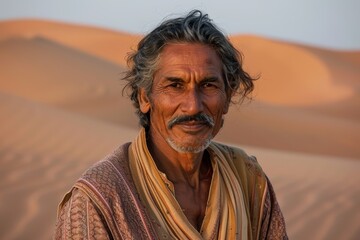 Wall Mural - Portrait of a glad indian man in his 50s donning a trendy cropped top over backdrop of desert dunes