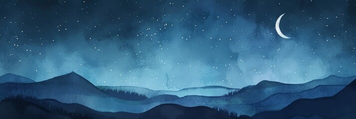 Night Sky Over a Mountain Range - A watercolor depiction of a starry night with a crescent moon over a mountain range. - A watercolor depiction of a starry night with a crescent moon over a mountain r