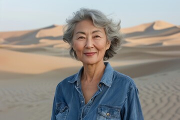 Wall Mural - Portrait of a satisfied asian woman in her 60s sporting a versatile denim shirt isolated in backdrop of desert dunes