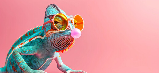 Wall Mural - Colorful Chameleon with Sunglasses Blowing Bubble Gum. Quirky Animal Photography for Creative Projects.World lizard day concept