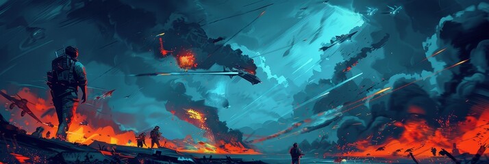 Soldiers Witnessing a Fiery Space Battle - A group of soldiers stand amidst a fiery landscape, gazing upwards at an intense space battle raging in the sky above. - A group of soldiers stand amidst a f