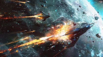 Space Battle: Fierce Combat Amidst the Stars - A chaotic space battle unfolds, showcasing a burning starship and smaller craft engaging in combat against a backdrop of a distant planet and swirling st