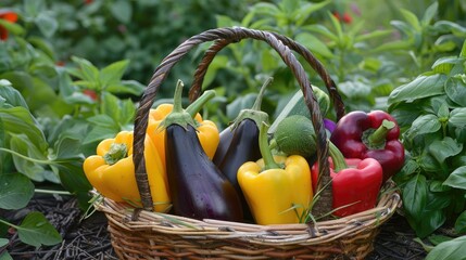 A mystery basket filled with assorted vegetables like bell peppers, zucchini, and eggplants, ready for a creative vegetarian dish