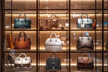 Luxury Handbags Displayed in a Glass Cabinet