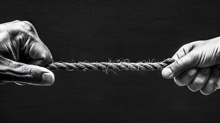 Hand in Black and White Pulling Rope to Opposite Sides, Paper Textured Black Background with Copy Space