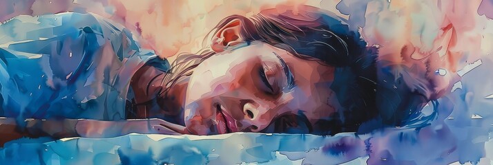 Watercolor Portrait of a Sleeping Woman - A woman with dark hair is sleeping peacefully, her face painted in soft colors, in a watercolor artwork. - A woman with dark hair is sleeping peacefully, her 