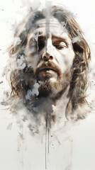 Wall Mural - Double exposure abstract image, merging serene image of Jesus Christ with sacred words of Bible, cross symbolizes faith of Christianity, reflecting devotion to God central to religion. jesus christ.