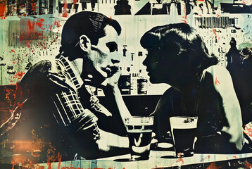 Stylized pop art collage depicting a retro couple at a bar. Man and woman in profile, sharing drinks amid abstract urban backdrop. Vintage aesthetic with grunge textures and bold contrasts.