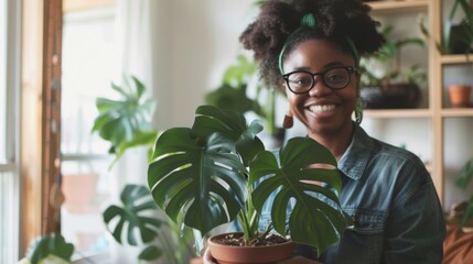 a young woman smiles warmly as she holds a potted monstera plant in a naturally lit living room