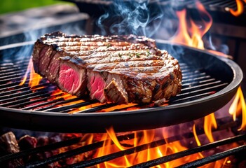 Poster - sizzling grill juicy grilled meat cooking outdoors, steak, barbecue, flames, heat, delicious, meal, preparation, tasty, hot, seared, searing, grilling, beef