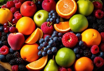 Wall Mural - vibrant fruit medley ceramic fresh colorful display fruits, arrangement, healthy, delicious, juicy, ripe, assorted, mixed, tropical, appetizing, nutrition