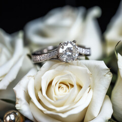 Sticker - white gold platinum GIA  VS diamond wedding rings on white roses