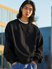 Wall Mural - asian male model wearing a black heavyweight cotton blank oversize sweatshirt, baggy blue jeans, clothing mockup