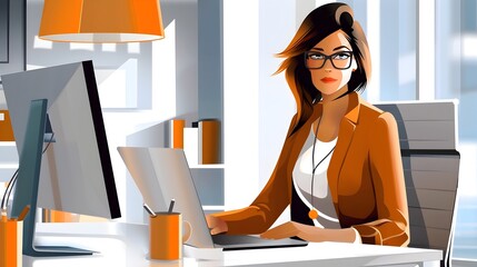 Wall Mural - Confident Businesswoman Working Diligently at Office Desk with Computer