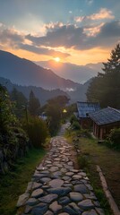 Poster - Stone Path Leading to Mountaintop Village at Sunset