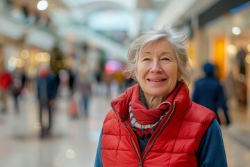 Poster - Portrait of a joyful caucasian woman in her 50s dressed in a water-resistant gilet while standing against bustling shopping mall