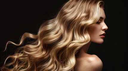beauty blonde girl with long and shiny wavy hair. beautiful woman model with curly hairstyle fashion