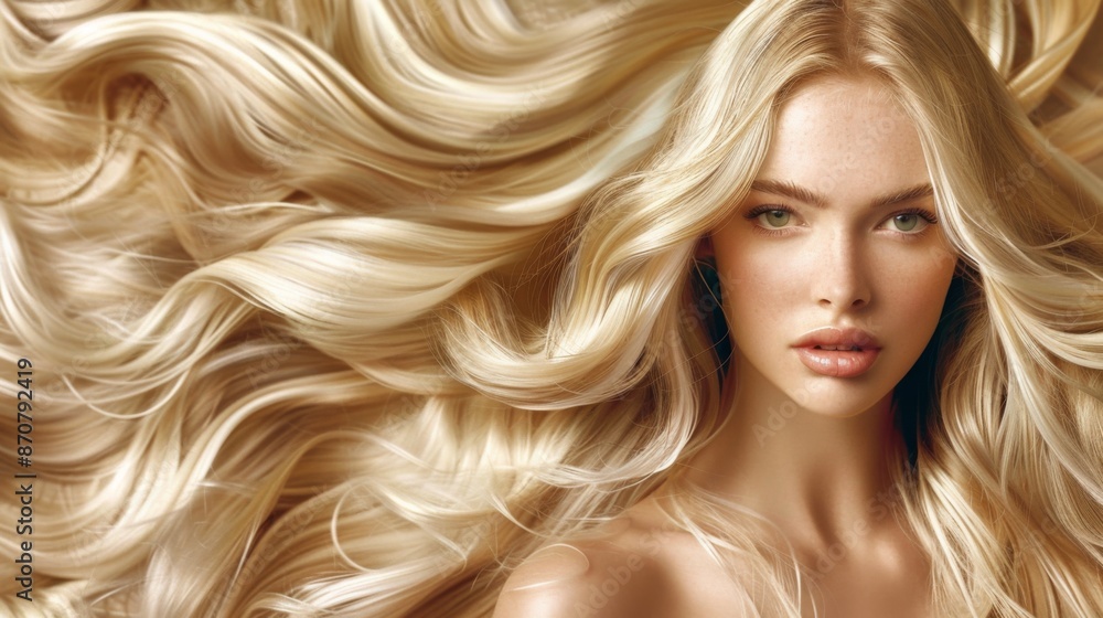 Beauty blonde girl with long and shiny wavy hair. Beautiful woman model ...